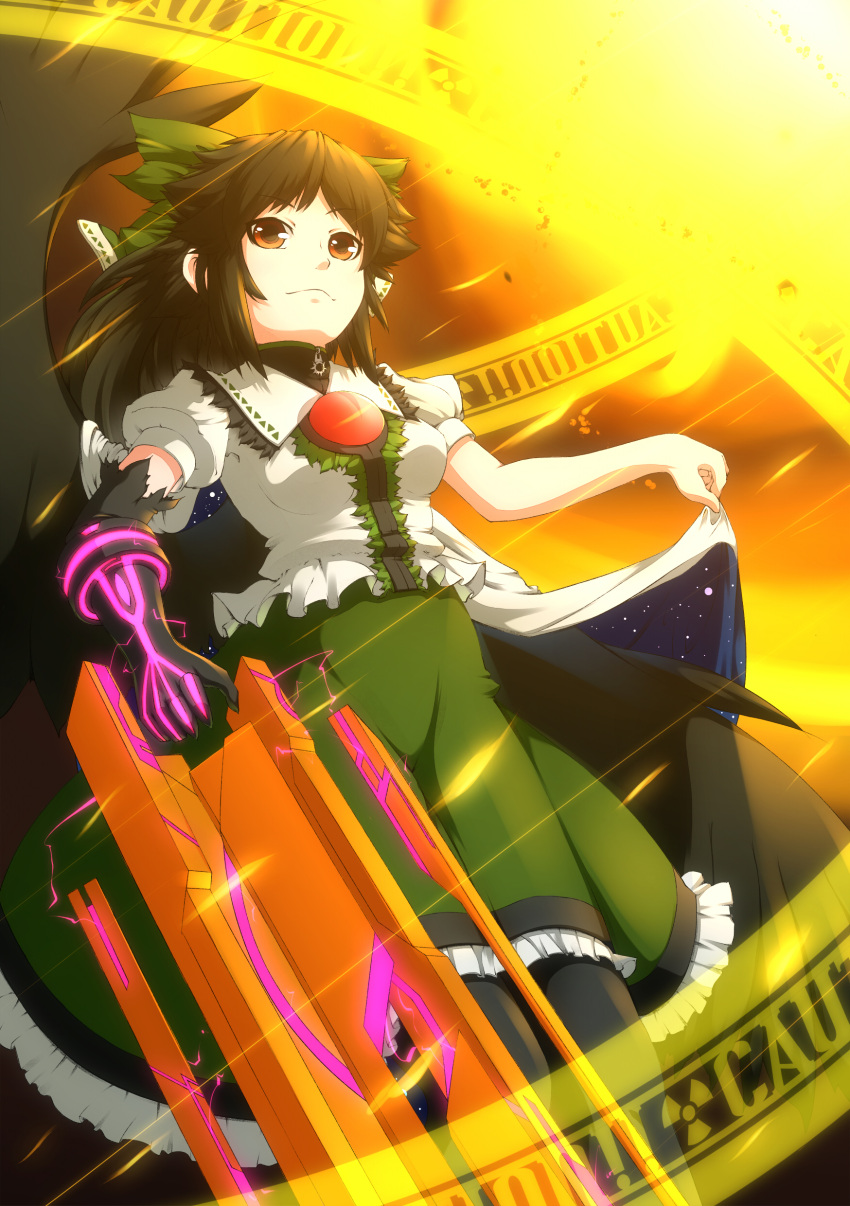 absurdres alternate_weapon arm_cannon black_hair black_wings bow cape duplicate elbow_gloves from_below gloves hair_bow highres hullzion long_hair red_eyes reiuji_utsuho single_glove solo third_eye touhou weapon wings
