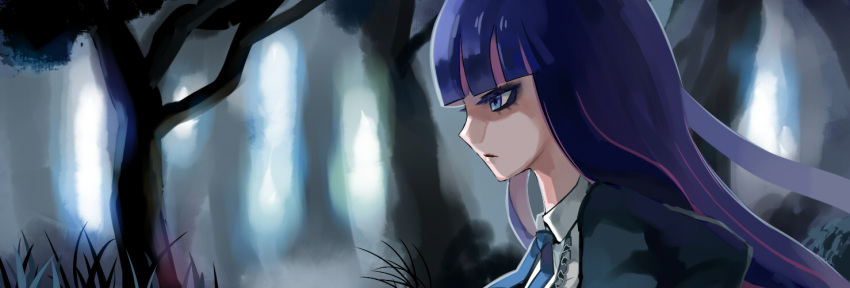 blue_eyes blue_hair bust colored_eyelashes forest long_hair multicolored_hair nature otaku_(artist) panty_&amp;_stocking_with_garterbelt pink_hair profile solo stocking_(character) stocking_(psg)