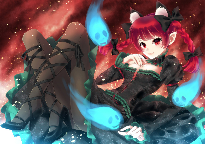 adapted_costume animal_ears braid breasts cat_ears cleavage cross-laced_footwear extra_ears high_heels highres kaenbyou_rin lace-up_heels leg_ribbon nunucco pantyhose red_eyes red_hair redhead shoes short_hair solo touhou twin_braids twintails