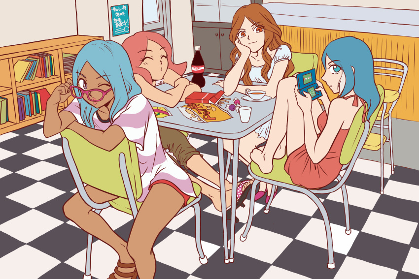 absurdres barefoot blue_eyes blue_hair brown_eyes brown_hair candy casual chair closed_eyes drink glasses happy highres inazuma_eleven inazuma_eleven_(series) lips multiple_girls nintendo_ds pink_hair raccco raimon_natsumi sitting sitting_backwards smile snack snacks table urabe_rika urubida wink zaizen_touko