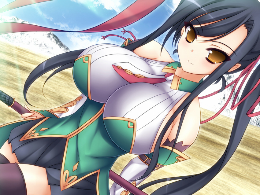 black_hair black_legwear black_thighhighs blush breasts detached_sleeves huge_breasts impossible_clothes impossible_clothing kan'u kan'u koihime_musou lance large_breasts long_hair mikan_(5555) polearm ponytail skirt smile solo thigh-highs thighhighs weapon