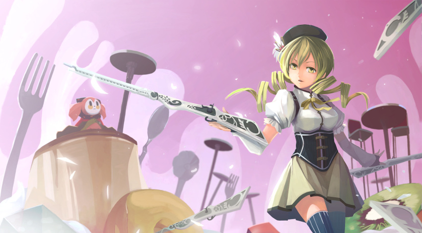 blonde_hair breasts brown_legwear chair charlotte_(madoka_magica) cupcake detached_sleeves doughnut drill_hair dual_wielding elrowa fingerless_gloves fork gloves gun hair_ornament hairpin hat highres kiwifruit large_breasts magical_girl magical_musket mahou_shoujo_madoka_magica open_mouth pleated_skirt puffy_sleeves ribbon rifle skirt spoon thigh-highs thighhighs tomoe_mami twin_drills vertical-striped_legwear vertical_stripes weapon witch's_labyrinth yellow_eyes zettai_ryouiki