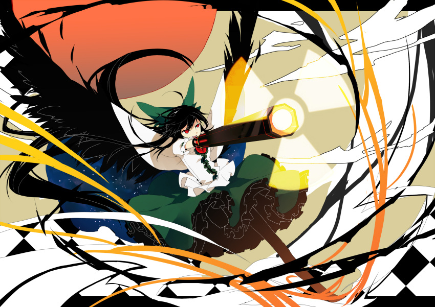 arm_cannon black_hair black_wings bow cannon cape dress feathers hair_bow highres long_hair red_eyes reiuji_utsuho ribbon shion_(mamuring) shionty skirt solo third_leg touhou weapon wings