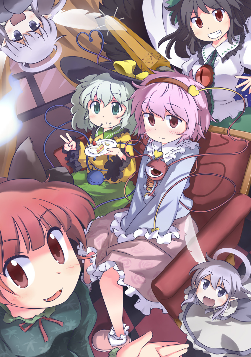 :d :t absurdres animal_ears aqua_eyes arm_cannon avino black_hair cake cat_ears couch eating fang food food_on_face green_hair grin hairband halo hands_in_sleeves highres kaenbyou_rin komeiji_koishi komeiji_satori kurotama_(avino) lavender_hair long_hair looking_at_viewer mouth_hold open_mouth purple_eyes purple_hair red_eyes red_hair reiuji_utsuho short_hair shy sitting slippers smile spoon third_eye touhou v v_arms wavy_mouth weapon white_hair zombie_fairy