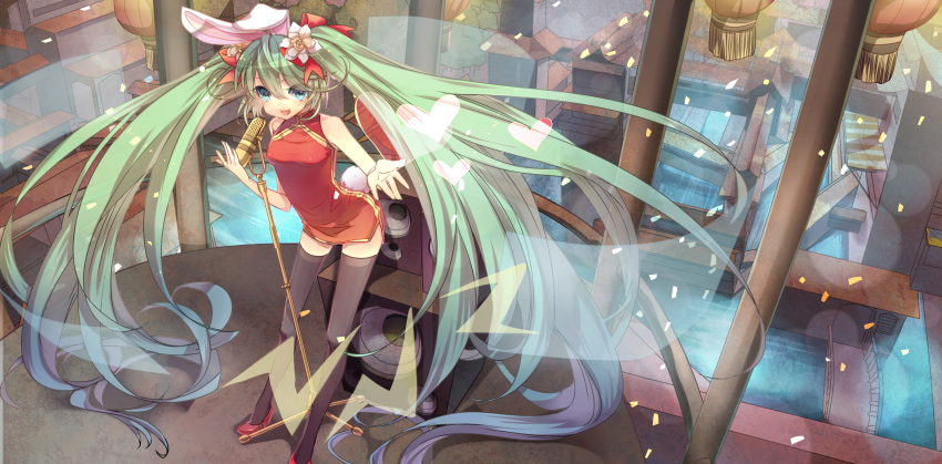 absurdres animal_ears aqua_eyes bad_id bow bunny_ears bunny_tail china_dress chinadress chinese_clothes cityscape flower green_hair hair_bow hair_flower hair_ornament hatsune_miku heart high_heels high_res highres kemonomimi long_hair microphone_stand nicohi nuage shoes solo speaker tail thigh-highs thighhighs twintails usamimi very_long_hair vocaloid