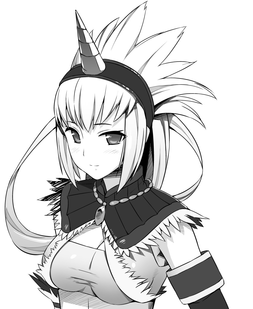 bandeau bangs blush breasts bust capcom cleavage crop_top detached_sleeves fur_trim hairband highres horn jewelry kirin kirin_(armor) long_hair looking_at_viewer midriff monochrome monster_hunter munashi_mujou necklace pendant simple_background smile solo spiked_hair taut_shirt turtleneck