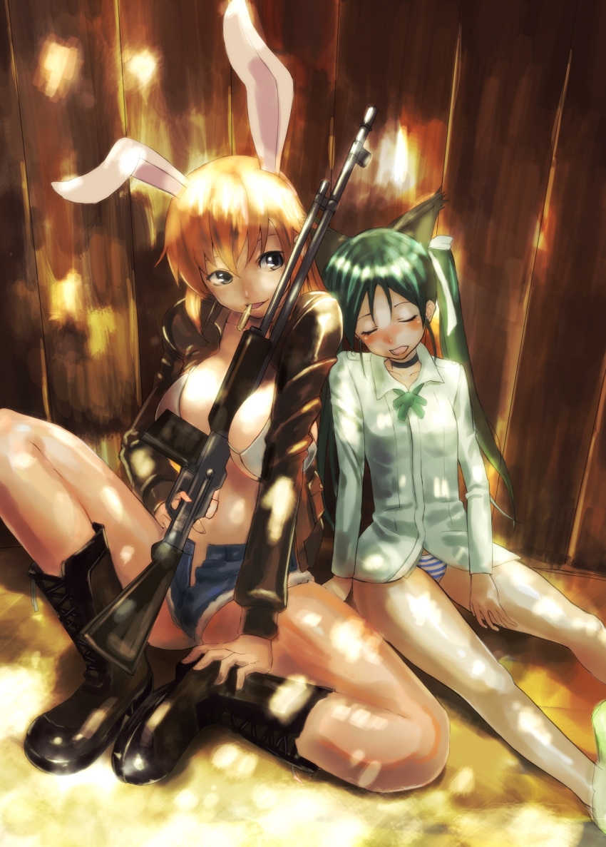 animal_ears bar1918 blue_eyes boots bunny_ears cat_ears character_request charlotte_e_yeager francesca_lucchini highres long_hair multiple_girls orange_hair panties rifle rifle_round strike_witches striped striped_panties twintails under-siege underwear