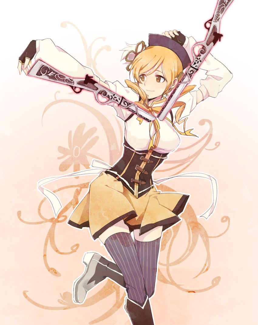 beret blonde_hair boots breasts brown_legwear detached_sleeves drill_hair fingerless_gloves gloves gradient gradient_background gun hair_ornament hairpin hat heke highres large_breasts light_smile magical_girl magical_musket mahou_shoujo_madoka_magica pleated_skirt puffy_sleeves ribbon rifle skindentation skirt solo standing standing_on_one_leg thigh-highs thighhighs tomoe_mami twin_drills vertical-striped_legwear vertical_stripes weapon yellow_eyes zettai_ryouiki