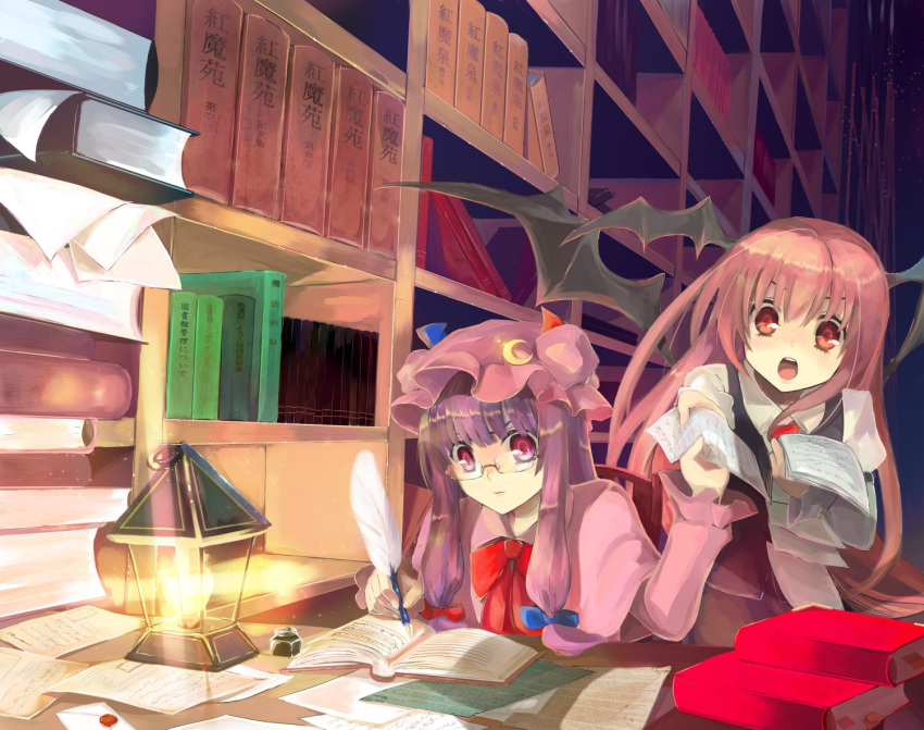 2girls :o bad_id bangs bespectacled blunt_bangs book bookshelf bow chirosuke crescent glasses hair_bow hat head_wings koakuma lantern letter library long_hair multiple_girls open_book open_mouth paper patchouli_knowledge purple_eyes purple_hair quill red_eyes red_hair redhead shiny shiny_hair touhou violet_eyes voile wings writing