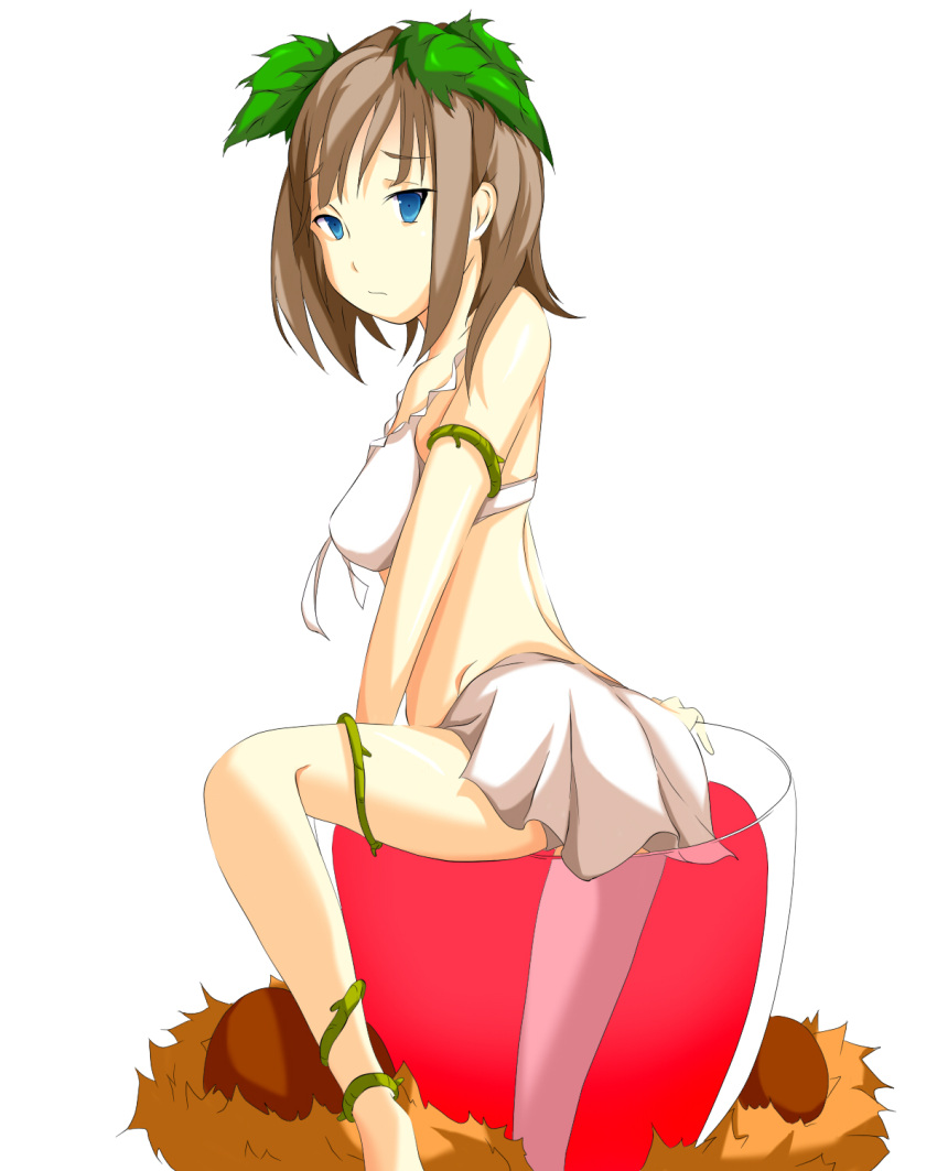 blue_eyes brown_hair copyright_request cup girl_in_a_cup highres in_container in_cup minigirl pote_(s-okuno11) solo swimsuit vines wine