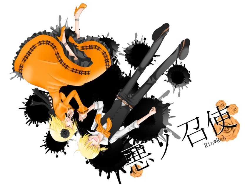 aku_no_meshitsukai_(vocaloid) aku_no_musume_(vocaloid) belt blonde_hair bow brother_and_sister closed_eyes dress flower frills hair_flower happy high_heels holding_hands kagamine_len kagamine_rin open_mouth ponytail short_hair sleeves_rolled_up smile vocaloid waistcoat
