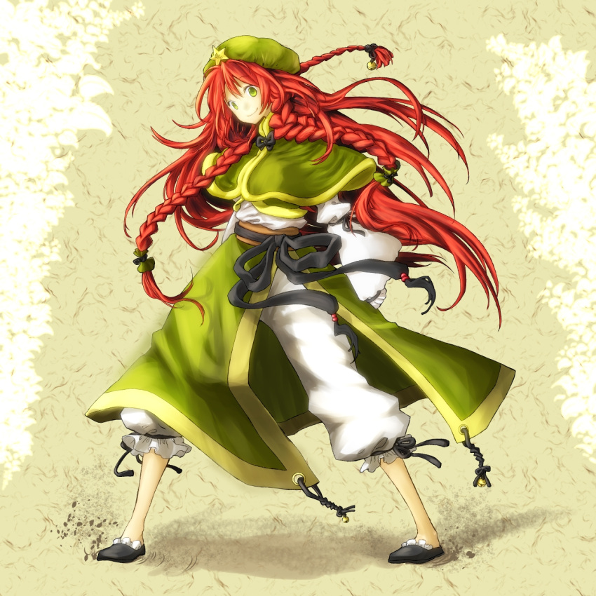 alternate_costume braid chinese_clothes collaboration green_eyes hat highres hong_meiling long_hair pants red_hair redhead smile solo touhou trousers twilightrain very_long_hair