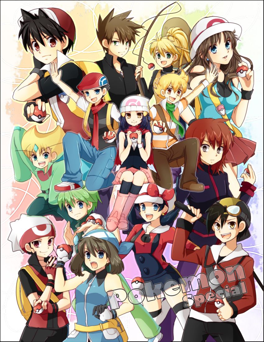 6+boys alternate_costume backpack backwards_hat bag bandana bandanna baseball_cap beret black_hair blonde_hair blouse blue_(pokemon) blue_eyes blue_hair bow brown_eyes brown_hair cabbie_hat crystal_(pokemon) diamond_(pokemon) earrings emerald_(pokemon) everyone fang fingerless_gloves fishing_rod gloves goggles gold_(pokemon) green_eyes grey_eyes hair_ornament hat highres holding holding_fishing_rod holding_poke_ball jewelry kneehighs long_hair miniskirt mitsuru_(pokemon) mokorei multiple_boys multiple_girls odamaki_sapphire ookido_green overalls pants pearl_(pokemon) platinum_berlitz pleated_skirt poke_ball pokemon pokemon_diamond_and_pearl pokemon_dppt pokemon_emerald pokemon_firered_and_leafgreen pokemon_heartgold_and_soulsilver pokemon_hgss pokemon_rgby pokemon_rse pokemon_ruby_and_sapphire pokemon_special pokemon_yellow randoseru red_(pokemon) red_eyes red_hair redhead reverse_hat ruby_(pokemon) scarf short_hair silver_(pokemon) skirt sleeveless sun_hat thigh-highs thighhighs twintails vest vs_seeker waist_poke_ball yellow_(pokemon) yellow_eyes