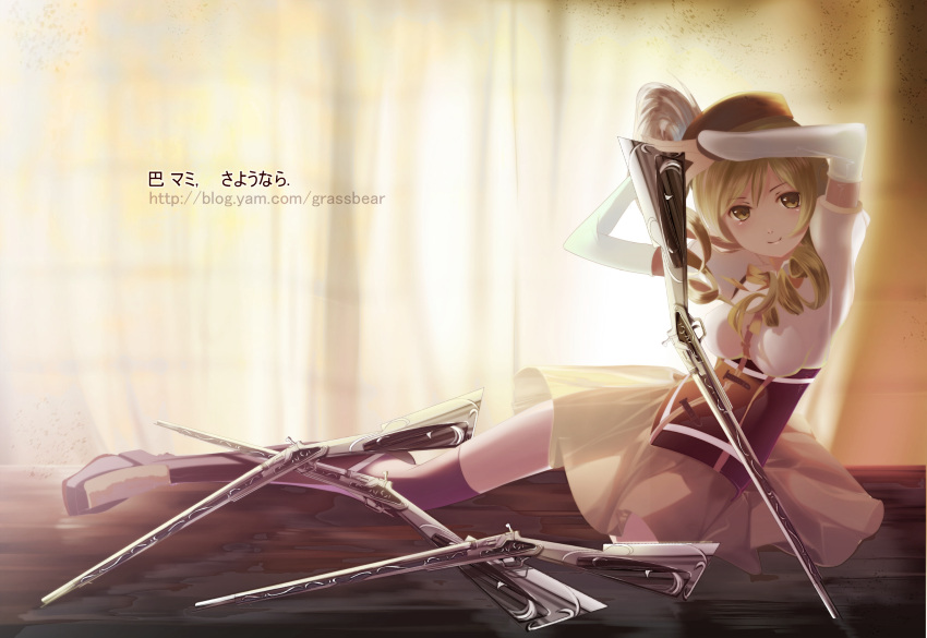absurdres antique_firearm arms_up backlighting beret blonde_hair blush boots brown_legwear cao_xiong corset detached_sleeves drill_hair firelock flintlock gun hair_ornament hairpin hat highres kneeling light_smile long_hair magical_girl magical_musket mahou_shoujo_madoka_magica musket perspective pleated_skirt puffy_sleeves realistic ribbon rifle signature skirt smile solo thigh-highs thighhighs tomoe_mami twin_drills vertical-striped_legwear vertical_stripes watermark weapon zettai_ryouiki