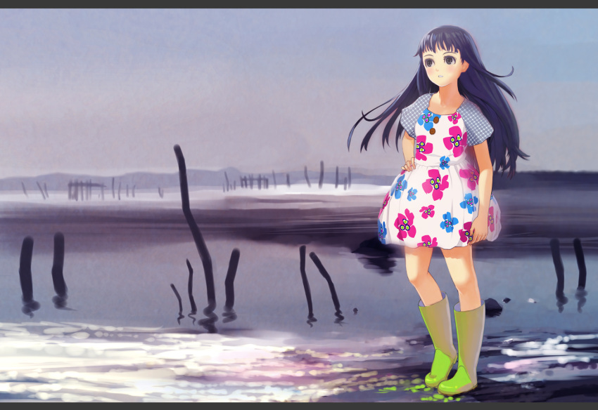 boots brown_eyes dress hand_on_hip hips knee_boots letterboxed original rubber_boots solo tko_(hhan) water