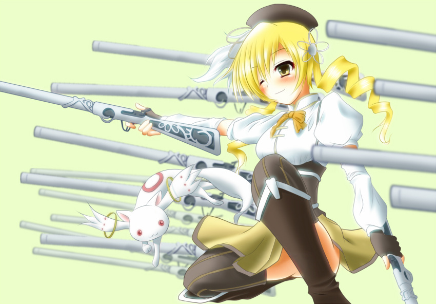 bad_id beret blonde_hair blurry boots breasts brown_legwear convenient_censoring convenient_leg corset depth_of_field detached_sleeves drill_hair dual_wielding fingerless_gloves gate_of_babylon gloves gun hair_ornament hairpin hat kyubey kyuubee large_breasts magical_girl magical_musket mahou_shoujo_madoka_magica perspective pleated_skirt puffy_sleeves ribbon rifle skirt squatting thigh-highs thighhighs tomoe_mami twin_drills vertical-striped_legwear vertical_stripes weapon wink yellow_eyes zettai_ryouiki