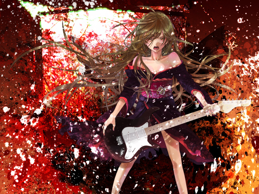 1girl bare_shoulders blonde_hair breasts brown_eyes brown_hair character_request cleavage copyright_request electric_guitar guitar highres instrument japanese_clothes kagamine_rin kimono long_hair nail_polish obi off_shoulder open_mouth red solo tengaku_(vocaloid) vocaloid yukinokoe