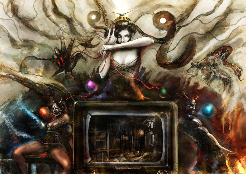 bccp bird black_hair breasts chastity_belt cleavage crow hair_comb hannya hecatoncheir highres horns japanese_clothes kimono mask nail_polish off_shoulder oni original red_hair redhead ribbon snake spread_legs surreal television
