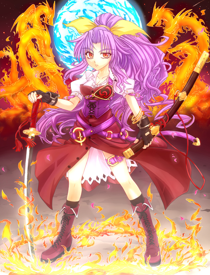 belt boots bow bracelet breasts cleavage dragon fingerless_gloves fire gloves hair_bow highres jewelry katana long_hair mickey_dunn purple_hair red_eyes scabbard sheath solo sword touhou watatsuki_no_yorihime weapon