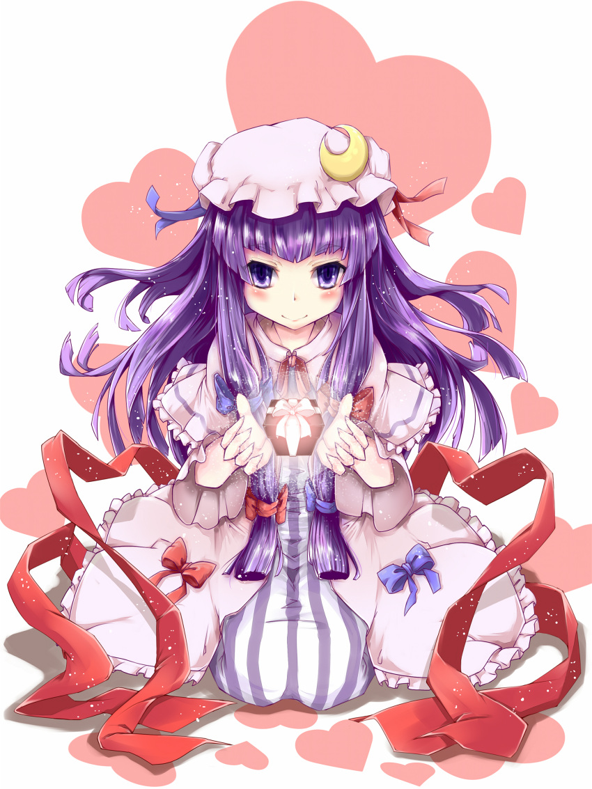 absurdres blush bow crescent crystal_ball gift hat heart highres kneeling long_hair patchouli_knowledge purple_eyes purple_hair ribbon smile solo toor_0111 touhou violet_eyes