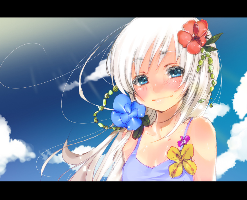 blue_eyes child cloud clouds colorful flower hair_flower hair_ornament highres letterboxed looking_at_viewer original skull.03 sky smile solo white_hair