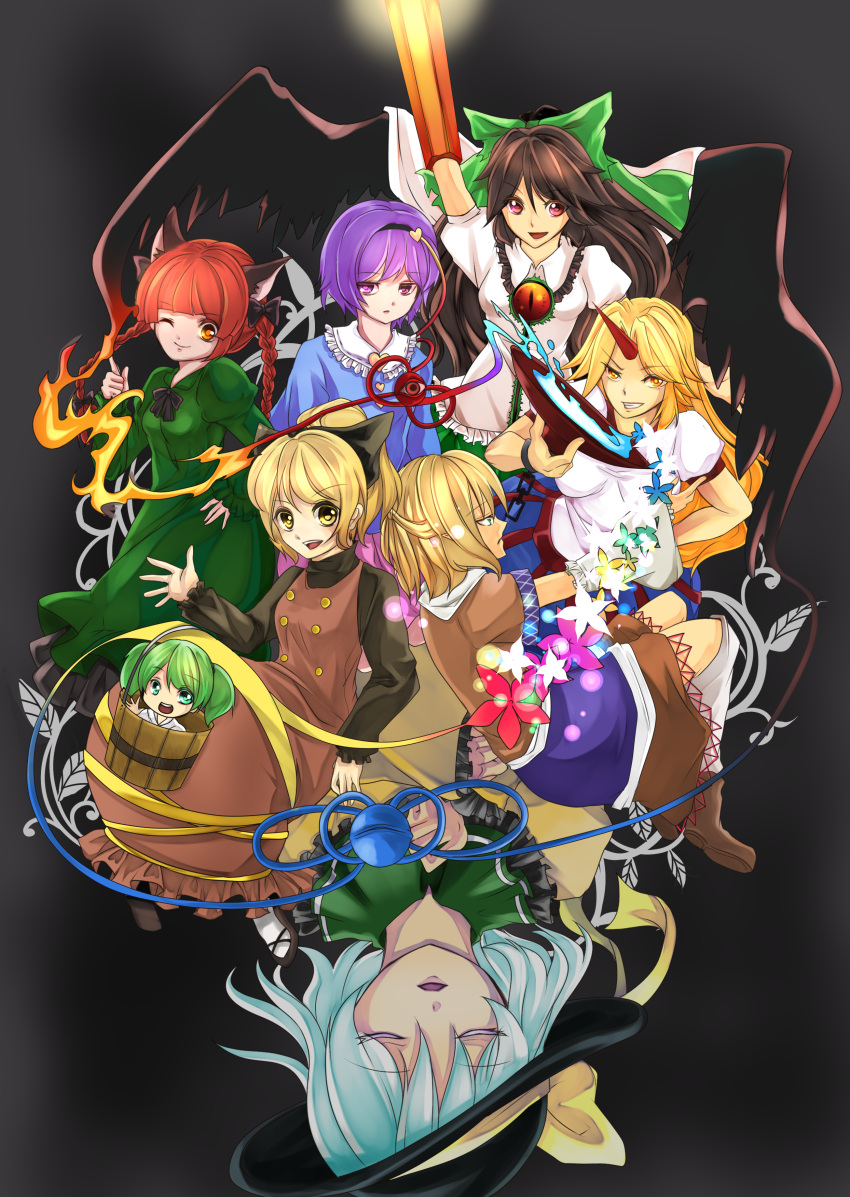 absurdres blonde_hair brown_hair closed_eyes crossed_legs everyone eyeball eyes_closed green_hair highres horn hoshiguma_yuugi kaenbyou_rin kisume komeiji_koishi komeiji_satori kurodani_yamame legs_crossed mizuhashi_parsee multiple_girls purple_hair red_hair reiuji_utsuho sakazuki sake sitting subterranean_animism sugiryu third_eye touhou