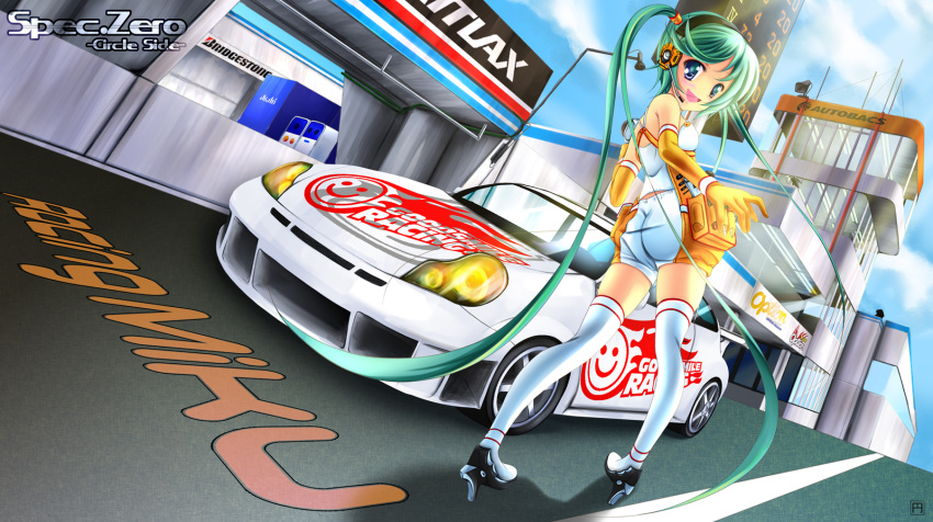 blue_eyes car elbow_gloves green_hair hatsune_miku headphones looking_back open_mouth racequeen thigh_highs twintails vocaloid