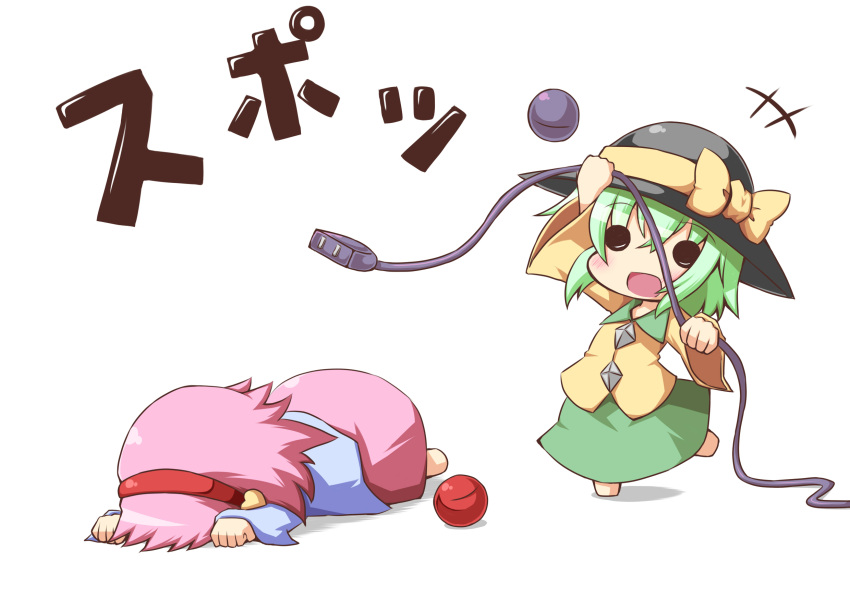 chibi electric_plug eyeball face_down highres komeiji_koishi komeiji_satori multiple_girls murder ominaeshi ominaeshi_(takenoko) open_mouth siblings sisters third_eye touhou translation_request unplugged