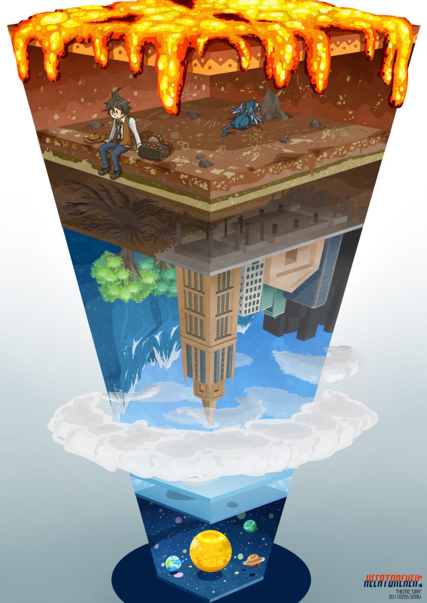 blue_eyes brown_hair building cityscape cloud clouds fossil gem haruki_seriu hat hat_removed headwear_removed hecatoncheir highres jeans molten_rock mountain original planet pouch sitting skeleton skyscraper solo upside-down vest wings