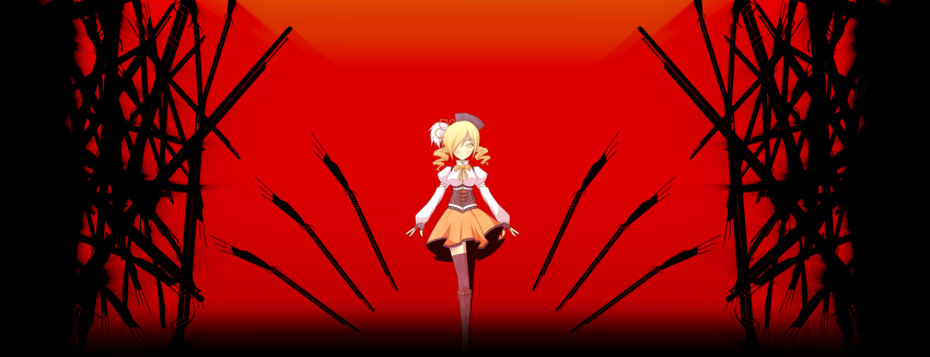 artist_request beret blonde_hair corset detached_sleeves drill_hair gun hair_over_one_eye hat magical_girl mahou_shoujo_madoka_magica rifle silhouette skirt solo source_request thigh-highs tomoe_mami weapon