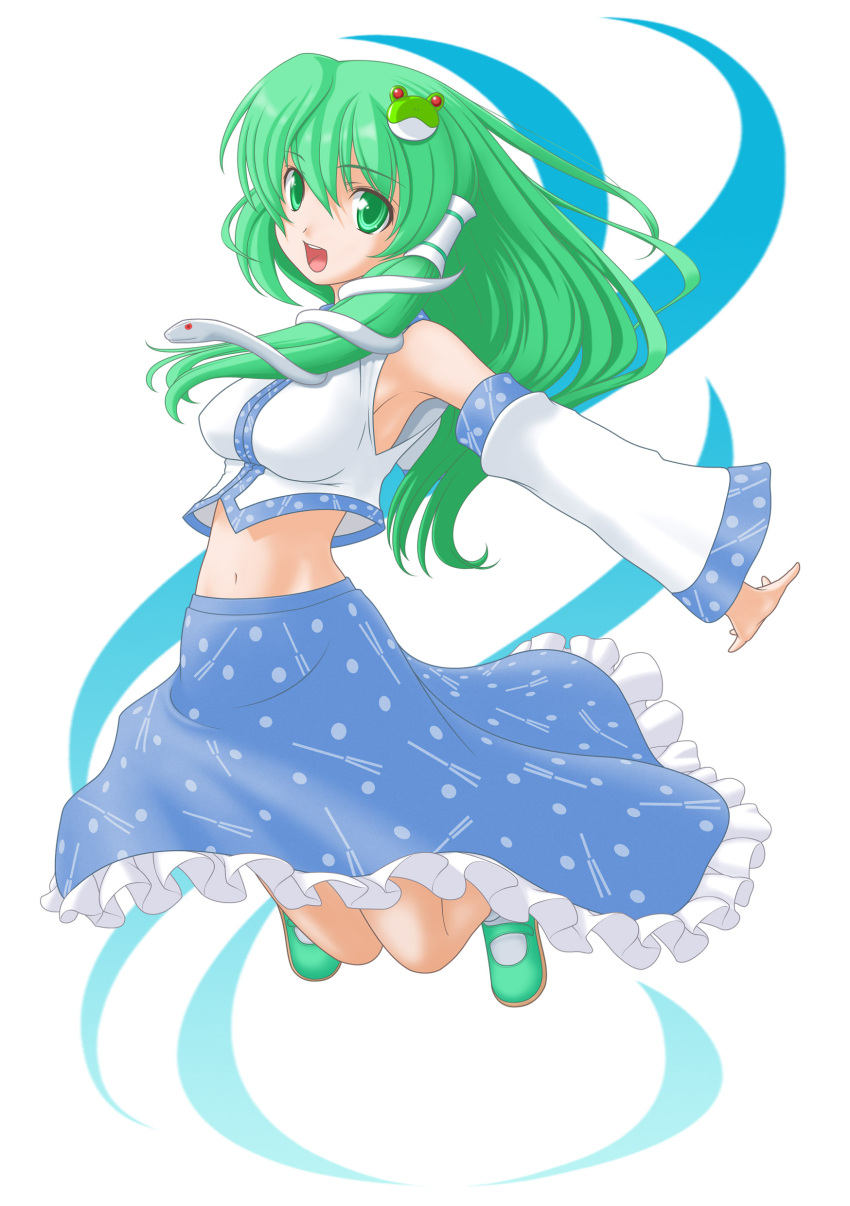 absurdres armpits breasts detached_sleeves frog green_eyes green_hair hair_ornament highres jumping kochiya_sanae long_hair midriff navel open_mouth outstretched_arms skirt smile snake solo t2r touhou