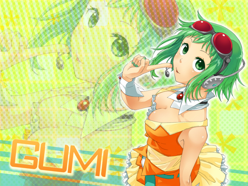 :p breasts cleavage goggles goggles_on_head green_eyes green_hair gumi headphones headset highres junji nail_polish short_hair skirt smile solo tongue vocaloid wrist_cuffs zoom_layer