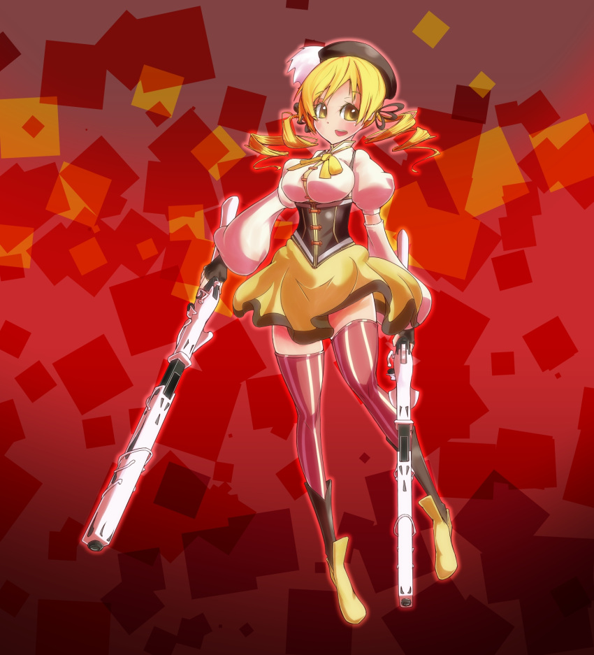 beret blonde_hair blush boots breasts brown_legwear corset detached_sleeves drill_hair dual_wielding fingerless_gloves gloves gun hair_ornament hairpin hat highres large_breasts magical_girl magical_musket mahou_shoujo_madoka_magica pleated_skirt puffy_sleeves ribbon rifle skirt solo thigh-highs thighhighs tomoe_mami twin_drills vertical-striped_legwear vertical_stripes weapon yellow_eyes ymd_(assiman) zettai_ryouiki