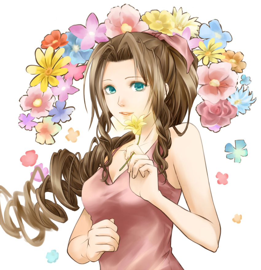 braid brown_hair final_fantasy final_fantasy_vii flower green_eyes haineko_(violette) hair_ribbon highres ponytail ribbon single_braid solo violette_(haineko)