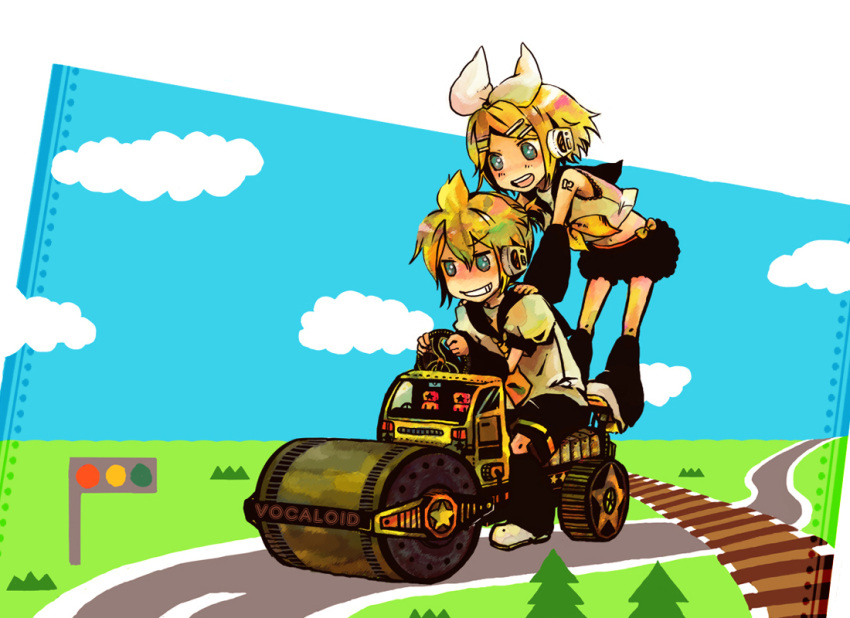 blonde_hair blue_eyes bow detached_sleeves driving hairclip headphones kagamine_len kagamine_rin leg_warmers navel neckerchief open_mouth ponytail serafuku sky smile star steamroller tattoo tree vocaloid