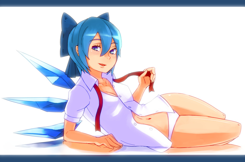 adult bad_id blue_eyes blue_hair bow cirno hair_bow letterboxed no_pants nosuku panties shirt short_hair solo touhou underwear undressing white_shirt wings