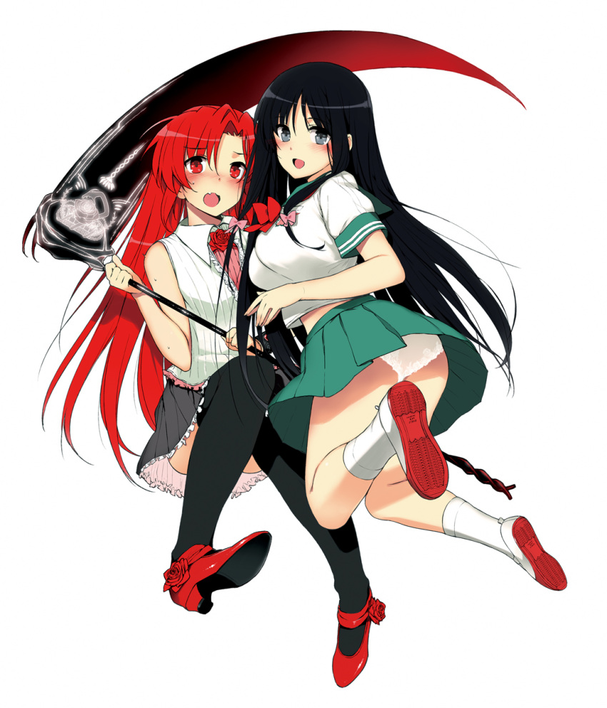 ass black_eyes black_hair character_request dakara_boku_wa_h_ga_dekinai dakara_boku_wa_h_ga_dekinai. highres katsurai_yoshiaki lisara_restall multiple_girls official_art panties red_eyes red_hair redhead scythe thigh-highs thighhighs underwear upskirt white_panties