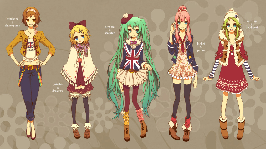 5girls belt beret blonde_hair blue_eyes boots bow brown_eyes brown_hair button fashion gradient_hair green_hair gumi hair_bow hairband hairclip hatsune_miku hoodie jacket jeans jpeg_artifacts kagamine_rin lineup long_hair megurine_luka meiko midriff navel neckerchief necklace pantyhose pink_hair poncho scarf shivue short_hair skirt twintails union_jack very_long_hair vocaloid zettai_ryouiki