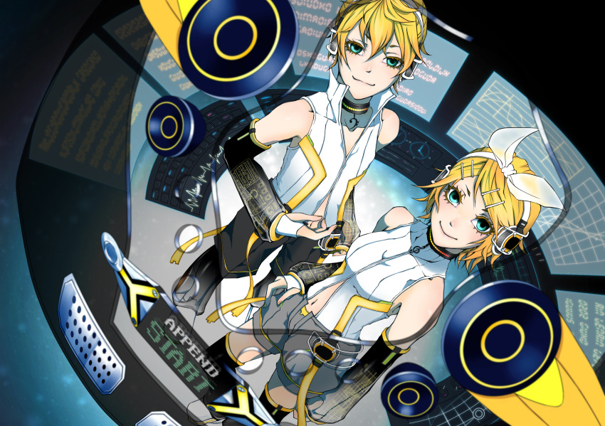 arm_warmers artist_request bad_id blonde_hair brother_and_sister detached_sleeves hair_ornament hair_ribbon hairclip headphones highres kagamine_len kagamine_len_(append) kagamine_rin kagamine_rin_(append) leg_warmers mugi_(mugikko) ribbon short_hair shorts siblings smile twins vocaloid vocaloid_append