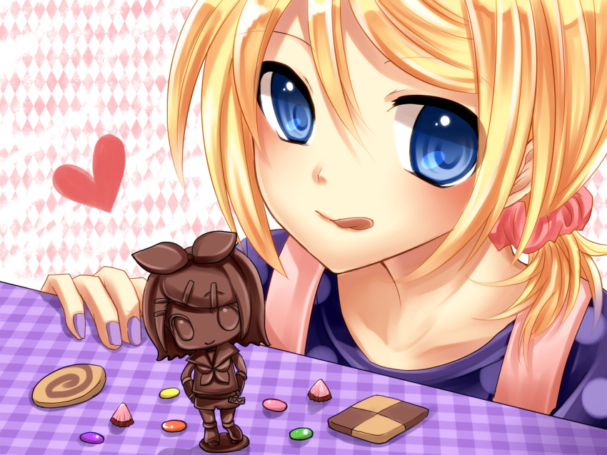 blonde_hair blue_eyes bow candy checkerboard_cookie chibi chocolate close cookie detached_sleeves face food hairclip heart kagamine_rin leg_warmers licking_lips nail_polish neckerchief pigtails scrunchie short_hair sweets tongue valentine vocaloid yayoi_(egoistic_realism)