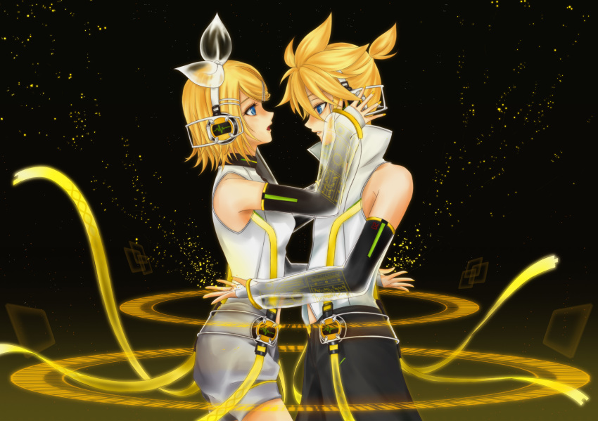 blonde_hair blue_eyes bow choker detached_sleeves hairclip headphones highres kagamine_len kagamine_len_(append) kagamine_rin kagamine_rin_(append) len_append nail_polish open_mouth ponytail popped_collar rin_append see_through short_hair shorts vocaloid vocaloid_append