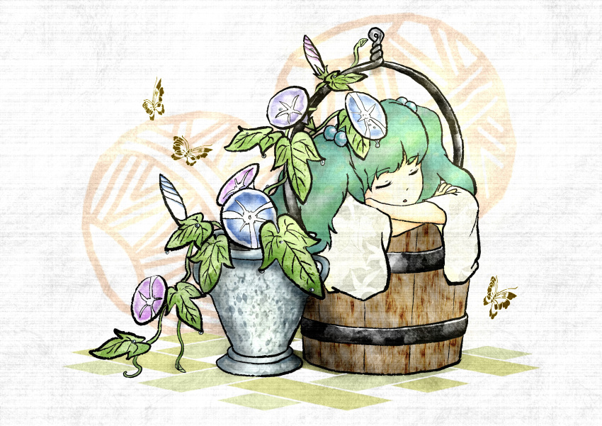 absurdres bucket flower_pot girl_in_bucket green_hair highres ikkaku in_bucket in_container kisume sleeping solo touhou