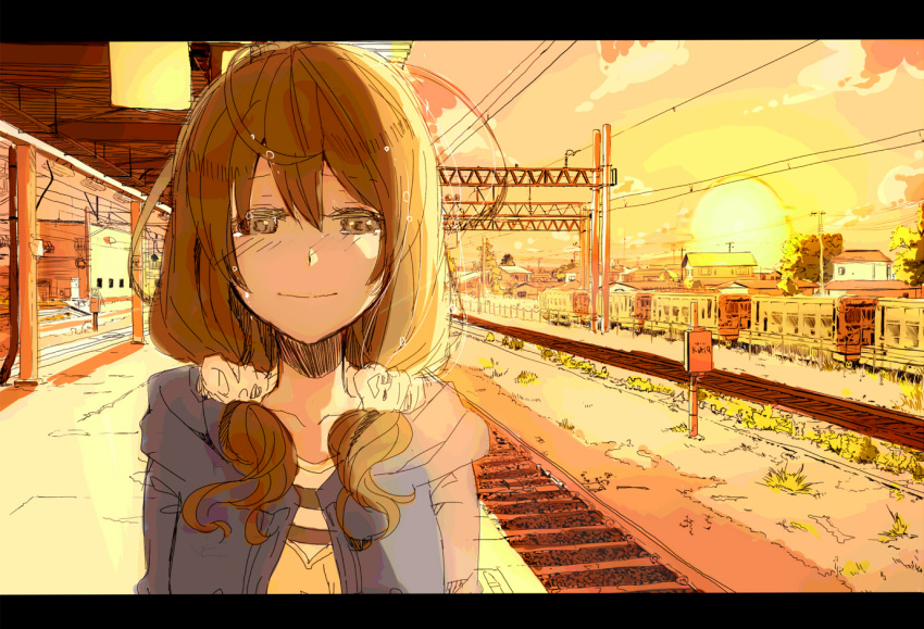 brown_eyes brown_hair cityscape letterboxed original railroad_tracks smile solo sunset tears train_station vient vocaloid