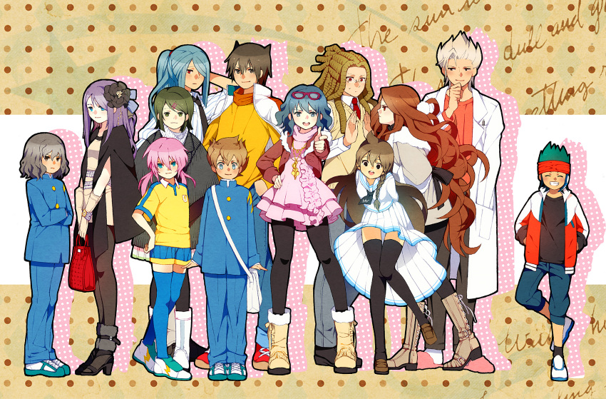 age_progression blue_hair brown_hair dreadlocks endou_kanon endou_mamoru gouenji_shuuya gouenji_yuuka green_hair hairlocs headband highres inazuma_eleven inazuma_eleven_(series) inazuma_eleven_go kazemaru_ichirouta kidou_yuuto kino_aki kirino_ranmaru kudou_fuyuka long_hair matsukaze_tenma matsuzake_tenma otonashi_haruna pantyhose pink_hair purple_hair raimon_natsumi red_eyes school_uniform shindou_takuto short_hair thigh-highs thighhighs tiahszld twintails white_hair