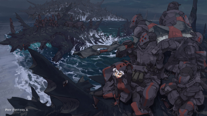 :p armor beach breasts commentary_request dragon gas_mask gloves height_difference helmet highres knife masariro pixiv_fantasia pixiv_fantasia_5 pouch red_eyes riding silver_hair sitting standing tongue weapon