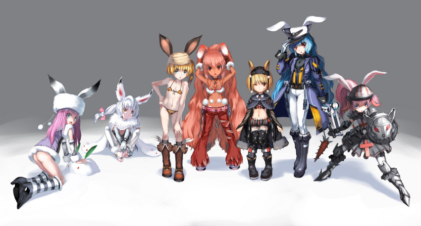 armor babycat bad_id barefoot bikini black_legwear black_thighhighs blonde_hair blue_eyes blue_hair boots bunny_ears flail gloves hat highres long_hair looking_back midriff multiple_girls navel original pink_hair ponytail purple_hair red_eyes red_hair redhead side_ponytail silver_hair sitting snow_bunny swimsuit thigh-highs thighhighs very_long_hair weapon wink yellow_eyes