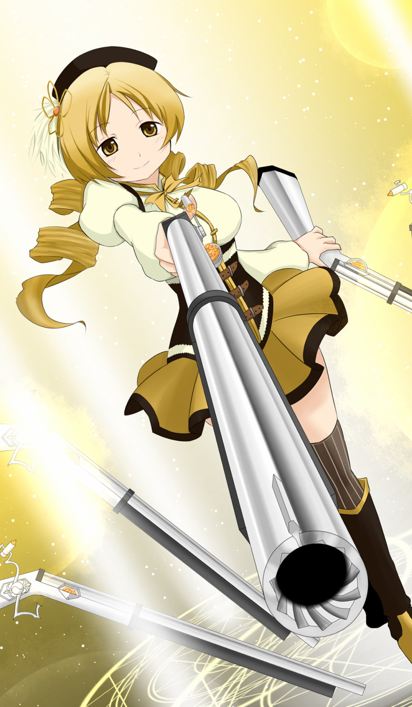 aiming aiming_at_viewer beret blonde_hair boots breasts brown_legwear corset detached_sleeves drill_hair dual_wielding dutch_angle foreshortening gun hair_ornament hairpin hat highres large_breasts light_particles magic_circle magical_girl magical_musket mahou_shoujo_madoka_magica pleated_skirt pov_aiming puffy_sleeves ribbon rifle shiori_yuu skirt smile solo thigh-highs thighhighs tomoe_mami twin_drills vertical-striped_legwear vertical_stripes weapon yellow_eyes zettai_ryouiki