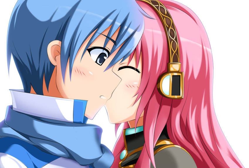 blue_hair close kaito kiss megurine_luka pink_hair vocaloid white