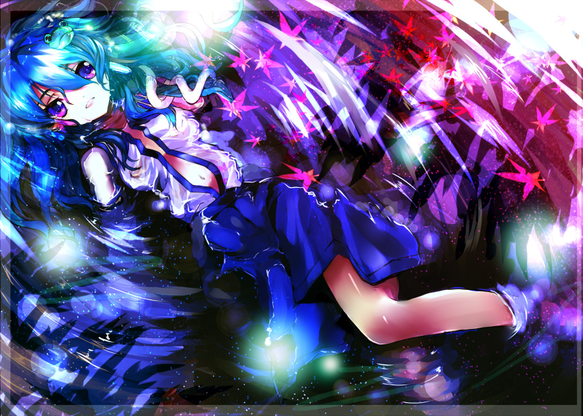 green_hair hair_ornament highres karlwolf kochiya_sanae leaf long_hair lying maple_leaf navel on_back open_clothes open_shirt outstretched_arm outstretched_hand purple_eyes shirt solo touhou violet_eyes water wet wet_clothes