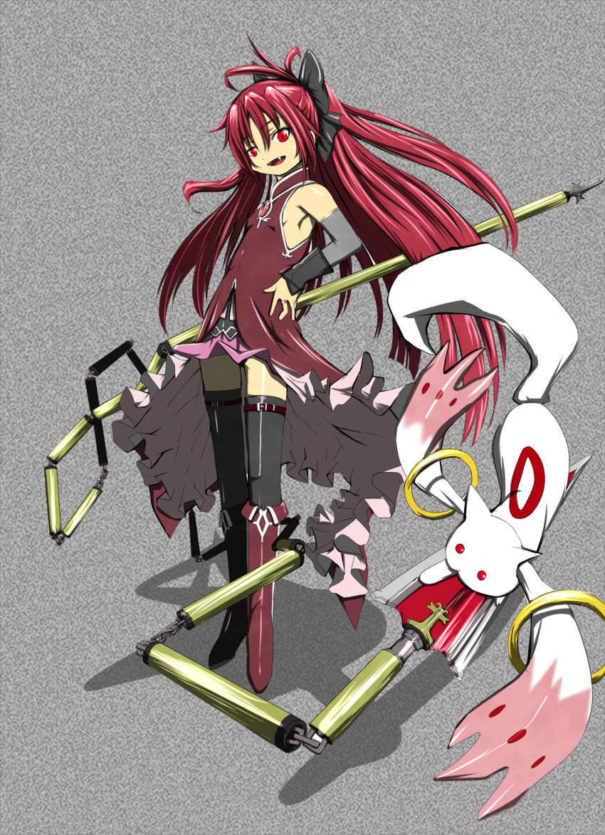 fang highres kyubey kyuubee long_hair magical_girl mahou_shoujo_madoka_magica ponytail red_eyes red_hair redhead sakura_kyouko skirt thigh-highs thighhighs weapon